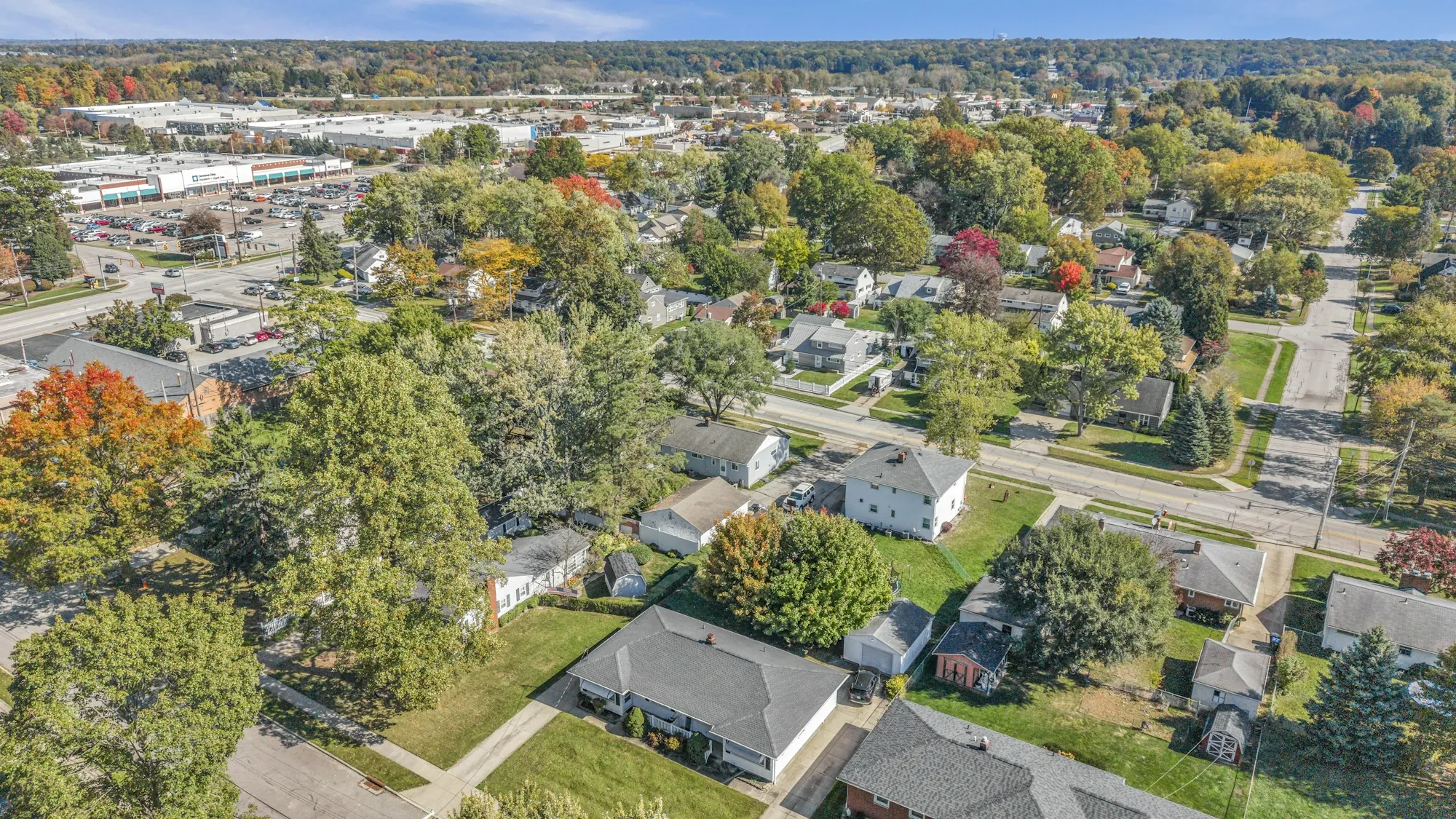 Aerial view of a residential neighbourhood in autumn